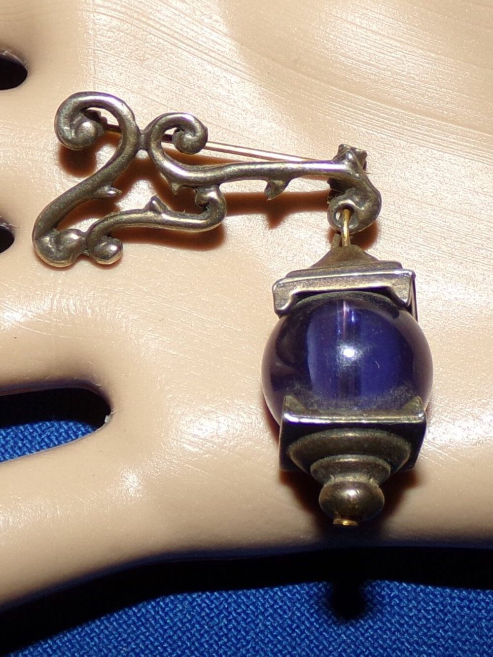 Vintage Calvaire Dangling Lantern Lamp Pin Brooch - Rare Cobalt Blue Globe